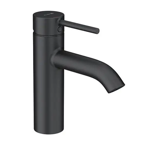 Schwarzer Kludi Wasserhahn mit einem geraden Auslauf und einem seitlichen Hebel zur Temperatur- und Mengeneinstellung. Design für Waschbeckenmontage sichtbar.